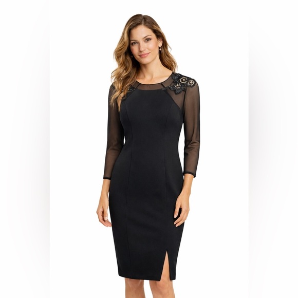 Adrianna Papell - Short Black Crepe Dress Sheer sleeves beaded embroidered 2 Adrianna Papell - Short Black Crepe Dress Sheer sleeves beaded embroidered 2